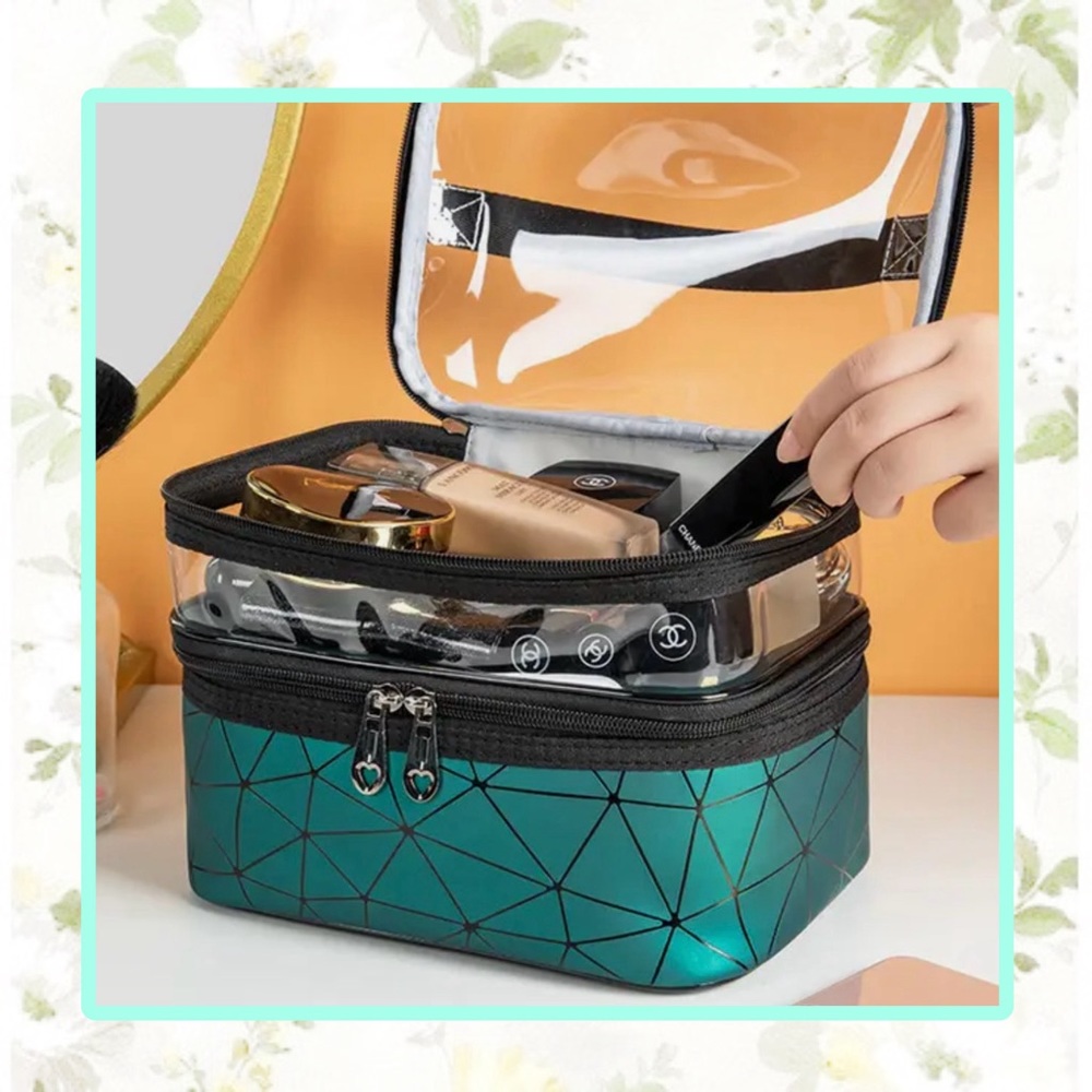 🌺 MAKEUP BAG CARRY CASE ORGANIZER TRAVEL ZIP CLEAR TOP TOILETRIES TOTE GREEN